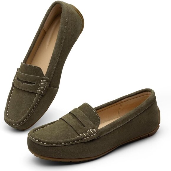 Kordal Women Olive Green Suede Gold Accent Buckle Slip-Ons Walking Flats Loafers - Picture 9 of 9
